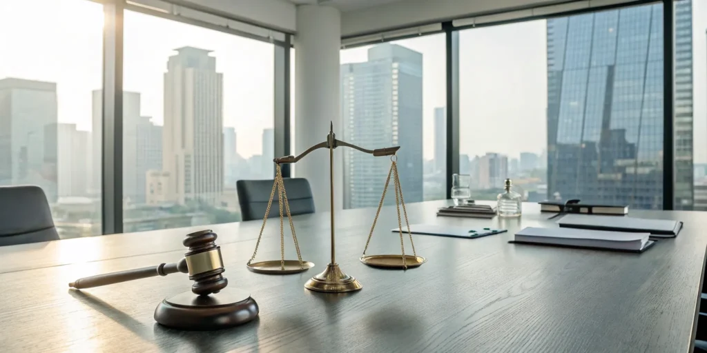Scales of justice and a gavel on a desk at a truck accident law firm.