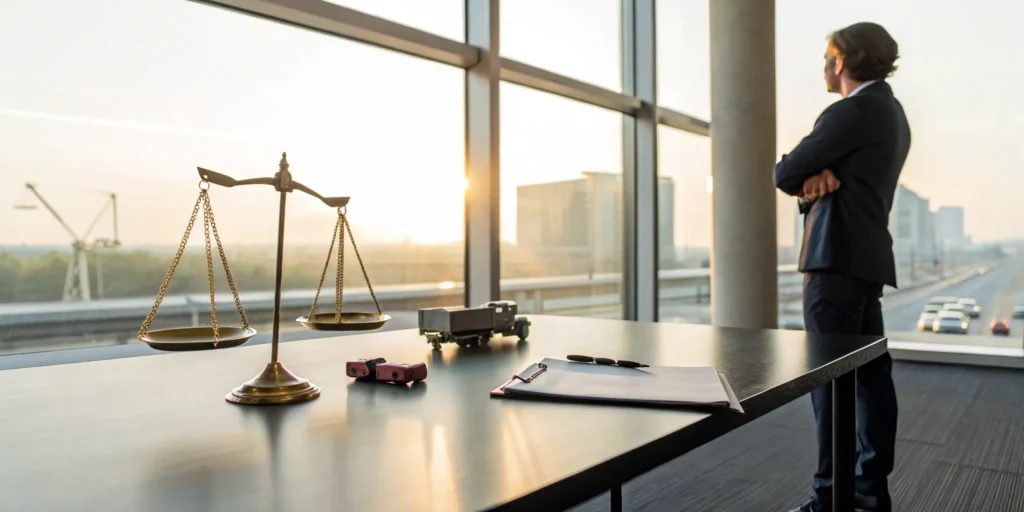 Big rig accident attorney with scales of justice and a model truck on a desk.