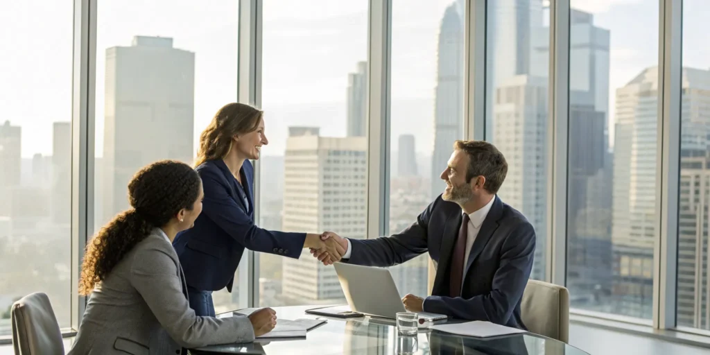 A client shaking hands with a lawyer from a personal injury law firm.
